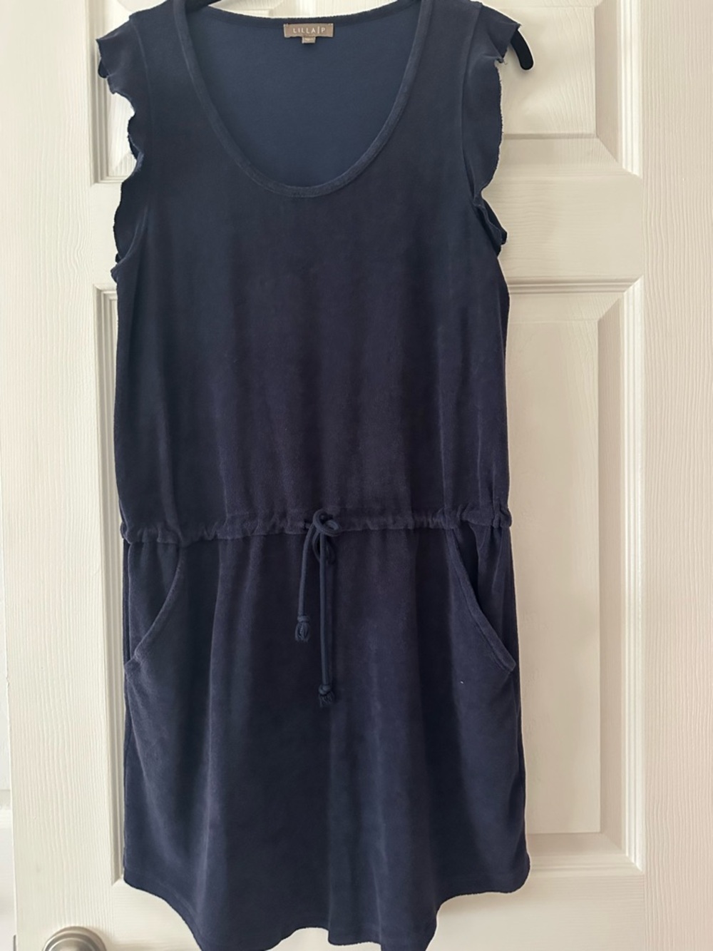 Lilla P Navy Terry Cloth beach cover up/dress.  Ruffle sleeveless.